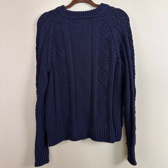 LLBean Signature Women L Cable Knit Fisherman Sweater Navy Blue Cotton - Picture 10 of 15